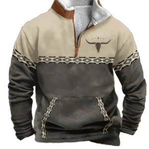 Men Vintage Western Hoodie with Aztec Cowboy Design
